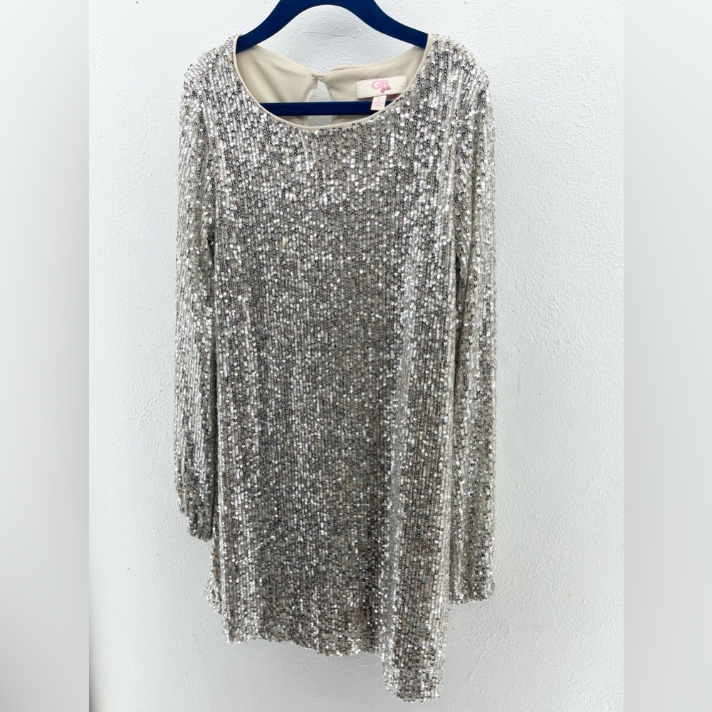 GB Girls Sparkle Sequin Long Sleeve Champagne Party Dress- Small - Picture 3 of 7